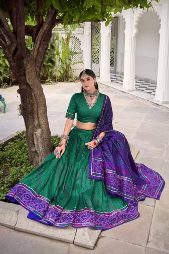 Green Tasar Silk Bandhej Print Lehenga Choli With Purple Gotta Patti Dupatta