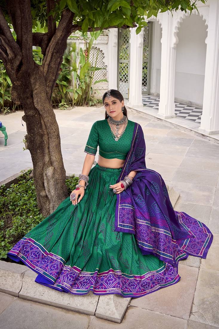 Green Tasar Silk Bandhej Print Lehenga Choli With Purple Gotta Patti Dupatta