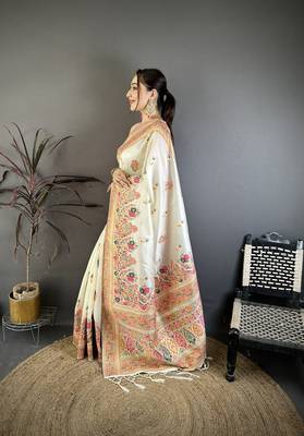 Cream silk blend woven kashmiri saree with unstitched blouse piece 3