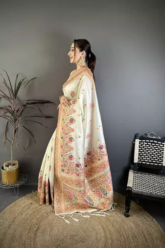 Cream silk blend woven kashmiri saree with unstitched blouse piece