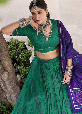 Green Tasar Silk Bandhej Print Lehenga Choli With Purple Gotta Patti Dupatta 5