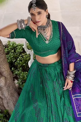Green Tasar Silk Bandhej Print Lehenga Choli With Purple Gotta Patti Dupatta