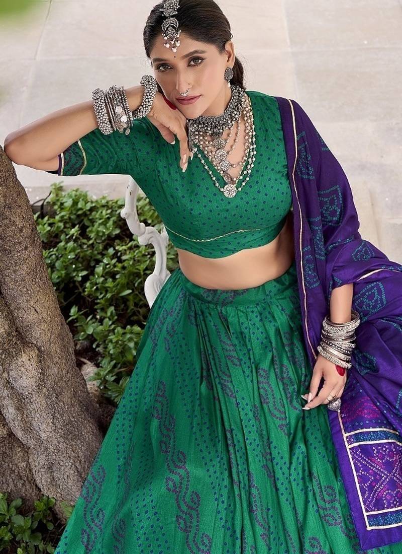 Green Tasar Silk Bandhej Print Lehenga Choli With Purple Gotta Patti Dupatta