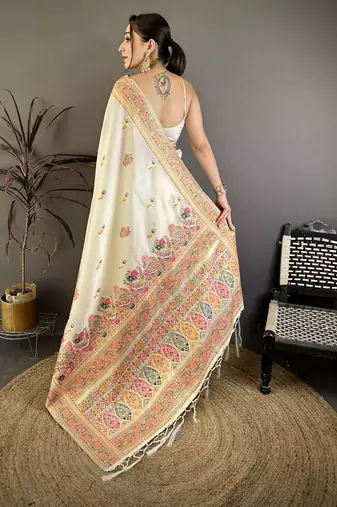 Cream silk blend woven kashmiri saree with unstitched blouse piece