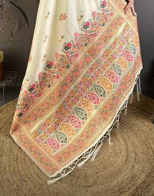 Cream silk blend woven kashmiri saree with unstitched blouse piece 5