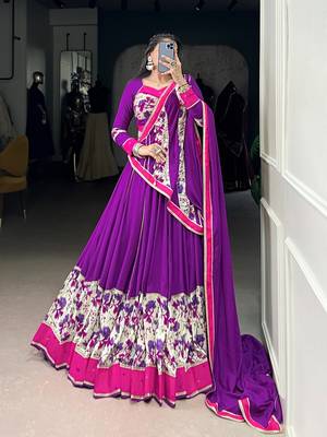 Purple Pure Rayon Floral Printed Lehenga With Original Mirror Work Lehenga Choli Set 1