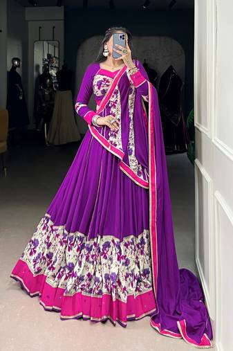 Purple Pure Rayon Floral Printed Lehenga With Original Mirror Work Lehenga Choli Set