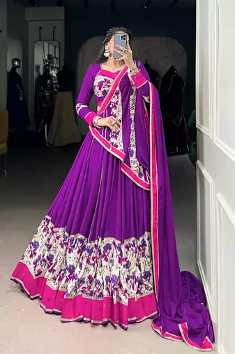 Purple Pure Rayon Floral Printed Lehenga With Original Mirror Work Lehenga Choli Set