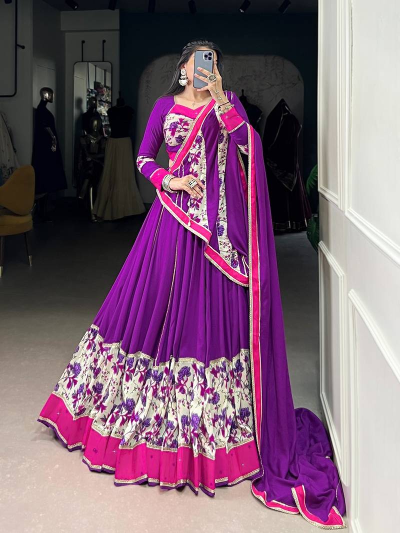 Purple Pure Rayon Floral Printed Lehenga With Original Mirror Work Lehenga Choli Set