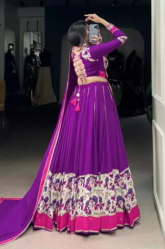 Purple Pure Rayon Floral Printed Lehenga With Original Mirror Work Lehenga Choli Set