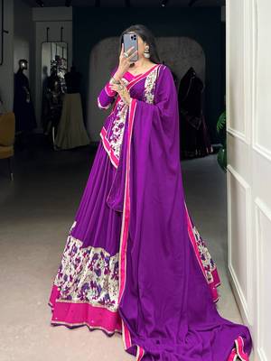 Purple Pure Rayon Floral Printed Lehenga With Original Mirror Work Lehenga Choli Set 3