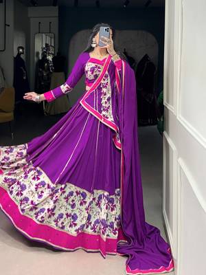Purple Pure Rayon Floral Printed Lehenga With Original Mirror Work Lehenga Choli Set 4