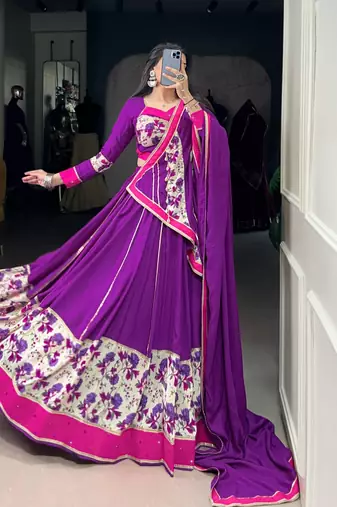 Purple Pure Rayon Floral Printed Lehenga With Original Mirror Work Lehenga Choli Set