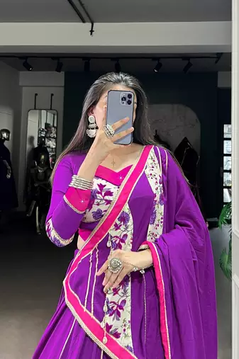 Purple Pure Rayon Floral Printed Lehenga With Original Mirror Work Lehenga Choli Set