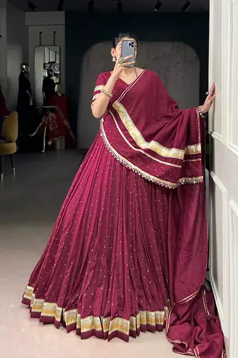 Maroon Chanderi Silk 6 Meter Flair Navratri Lehenga Choli Fully Stitched Ethnic Set