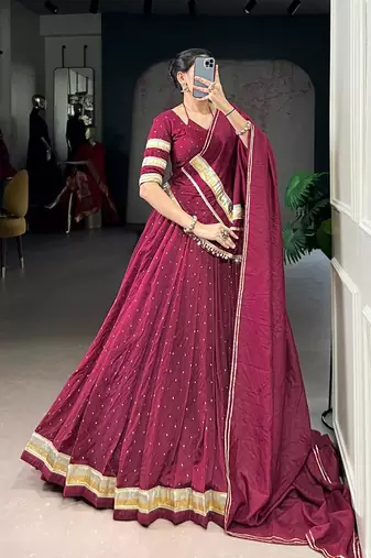 Maroon Chanderi Silk 6 Meter Flair Navratri Lehenga Choli Fully Stitched Ethnic Set