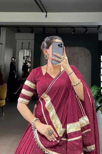 Maroon Chanderi Silk 6 Meter Flair Navratri Lehenga Choli Fully Stitched Ethnic Set
