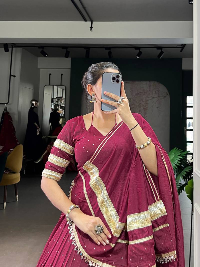 Maroon Chanderi Silk 6 Meter Flair Navratri Lehenga Choli Fully Stitched Ethnic Set