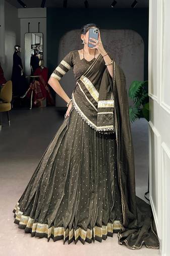Mehendi Chanderi Silk 6 Meter Flair Navratri Lehenga Choli Fully Stitched Ethnic Set