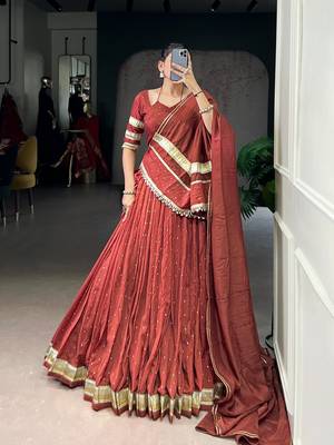 Orange Chanderi Silk 6 Meter Flair Navratri Lehenga Choli Fully Stitched Ethnic Set 1