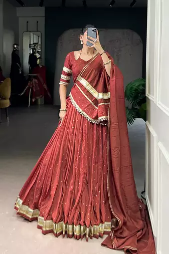 Orange Chanderi Silk 6 Meter Flair Navratri Lehenga Choli Fully Stitched Ethnic Set