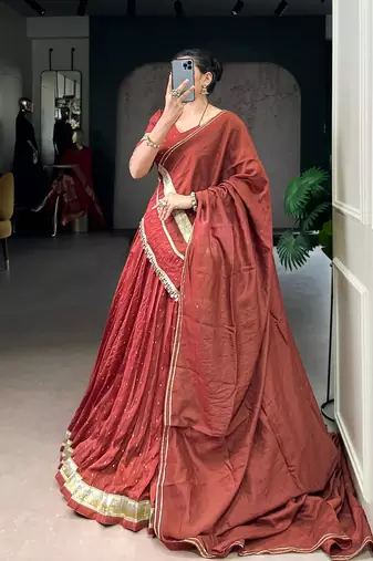 Orange Chanderi Silk 6 Meter Flair Navratri Lehenga Choli Fully Stitched Ethnic Set