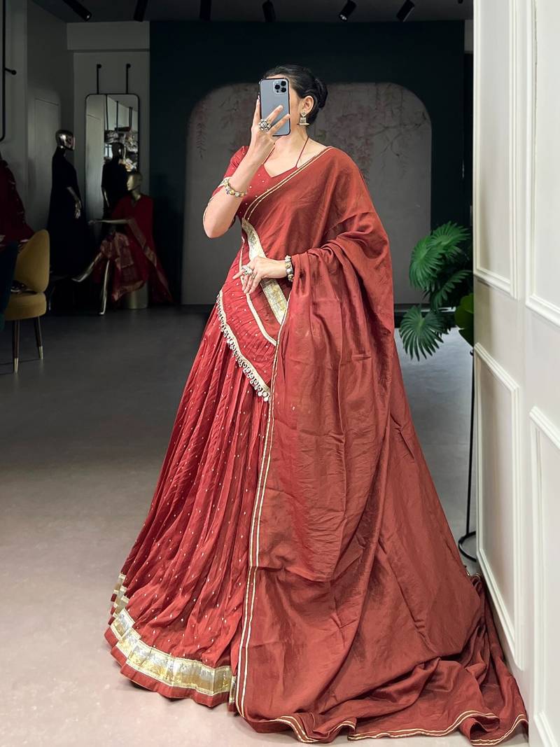 Orange Chanderi Silk 6 Meter Flair Navratri Lehenga Choli Fully Stitched Ethnic Set