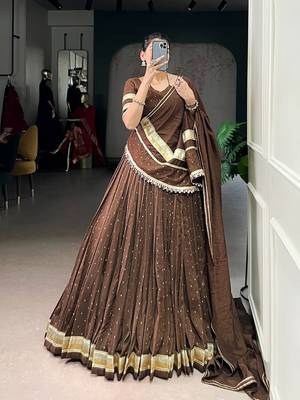 Brown Chanderi Silk 6 Meter Flair Navratri Lehenga Choli Fully Stitched Ethnic Set 1