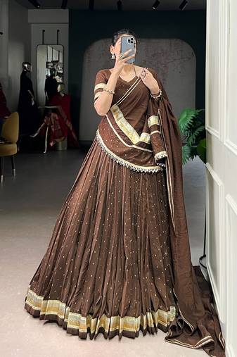 Brown Chanderi Silk 6 Meter Flair Navratri Lehenga Choli Fully Stitched Ethnic Set
