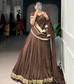 Brown Chanderi Silk 6 Meter Flair Navratri Lehenga Choli Fully Stitched Ethnic Set
