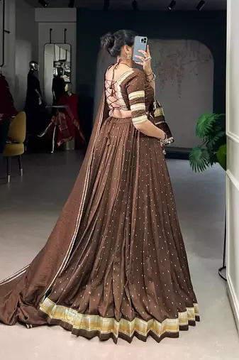 Brown Chanderi Silk 6 Meter Flair Navratri Lehenga Choli Fully Stitched Ethnic Set