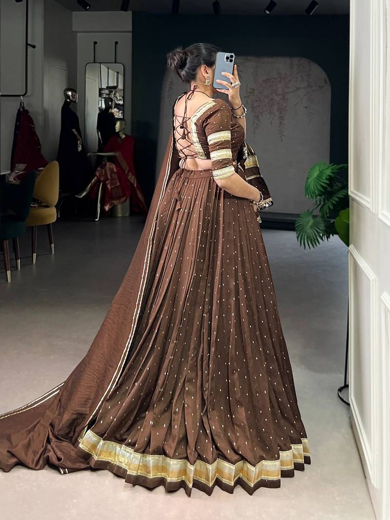 Brown Chanderi Silk 6 Meter Flair Navratri Lehenga Choli Fully Stitched Ethnic Set