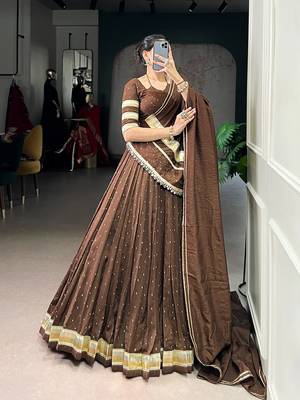 Brown Chanderi Silk 6 Meter Flair Navratri Lehenga Choli Fully Stitched Ethnic Set 3