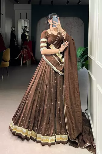 Brown Chanderi Silk 6 Meter Flair Navratri Lehenga Choli Fully Stitched Ethnic Set
