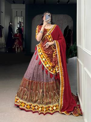 Onionpink Multi-Print Tussar Silk Flared Lehenga Choli Fully Stitched Festive Set 1