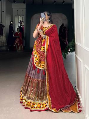 Onionpink Multi-Print Tussar Silk Flared Lehenga Choli Fully Stitched Festive Set 2