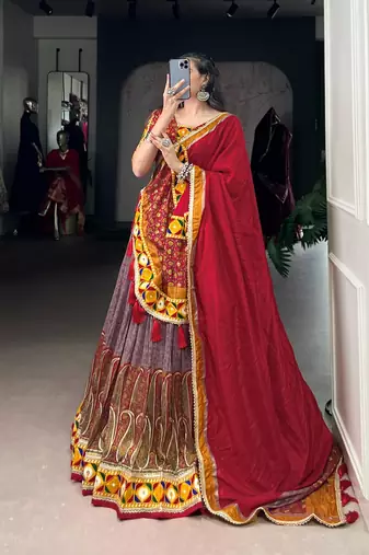 Onionpink Multi-Print Tussar Silk Flared Lehenga Choli Fully Stitched Festive Set