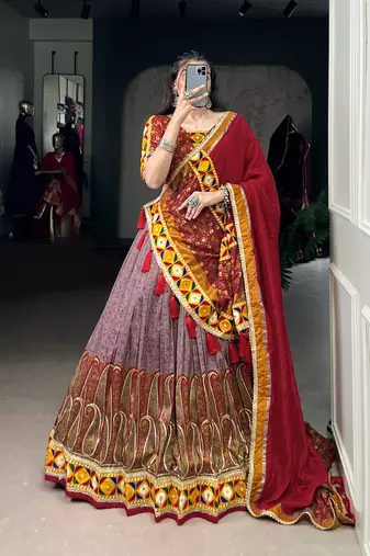 Onionpink Multi-Print Tussar Silk Flared Lehenga Choli Fully Stitched Festive Set