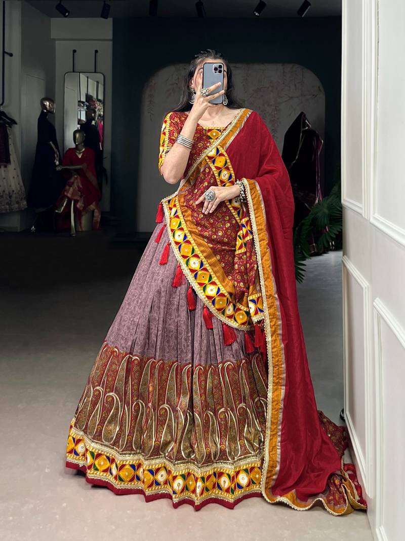 Onionpink Multi-Print Tussar Silk Flared Lehenga Choli Fully Stitched Festive Set