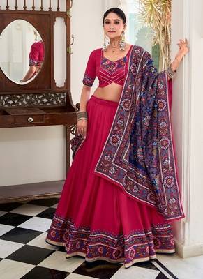 Pink Tasar Silk Gamthi Print Lehenga Choli With Blouse And Dupatta 1