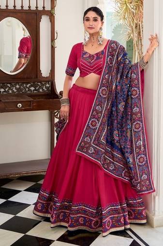 Pink Tasar Silk Gamthi Print Lehenga Choli With Blouse And Dupatta