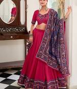 Pink Tasar Silk Gamthi Print Lehenga Choli With Blouse And Dupatta