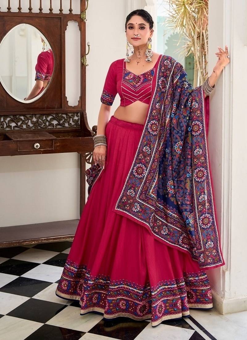 Pink Tasar Silk Gamthi Print Lehenga Choli With Blouse And Dupatta