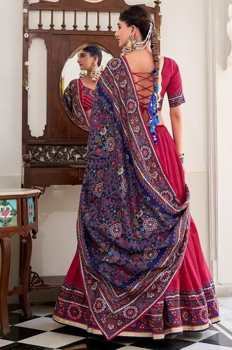 Pink Tasar Silk Gamthi Print Lehenga Choli With Blouse And Dupatta