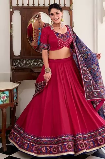 Pink Tasar Silk Gamthi Print Lehenga Choli With Blouse And Dupatta