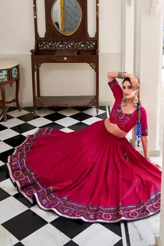 Pink Tasar Silk Gamthi Print Lehenga Choli With Blouse And Dupatta