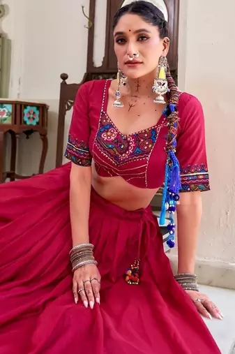 Pink Tasar Silk Gamthi Print Lehenga Choli With Blouse And Dupatta