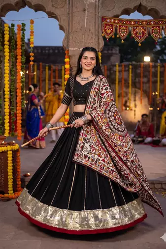 Black Chanderi Silk 5 Meter Flair Lehenga Choli Fully Stitched Ethnic Set
