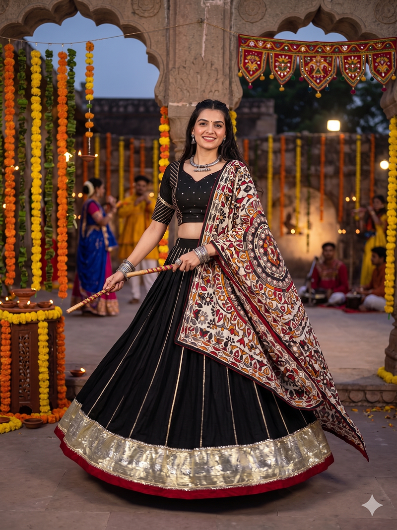 Black Chanderi Silk 5 Meter Flair Lehenga Choli Fully Stitched Ethnic Set