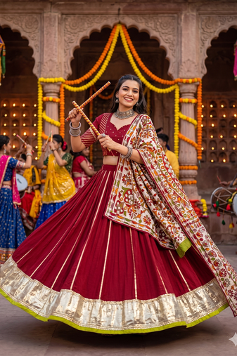 Maroon Chanderi Silk 5 Meter Flair Lehenga Choli Fully Stitched Ethnic Set